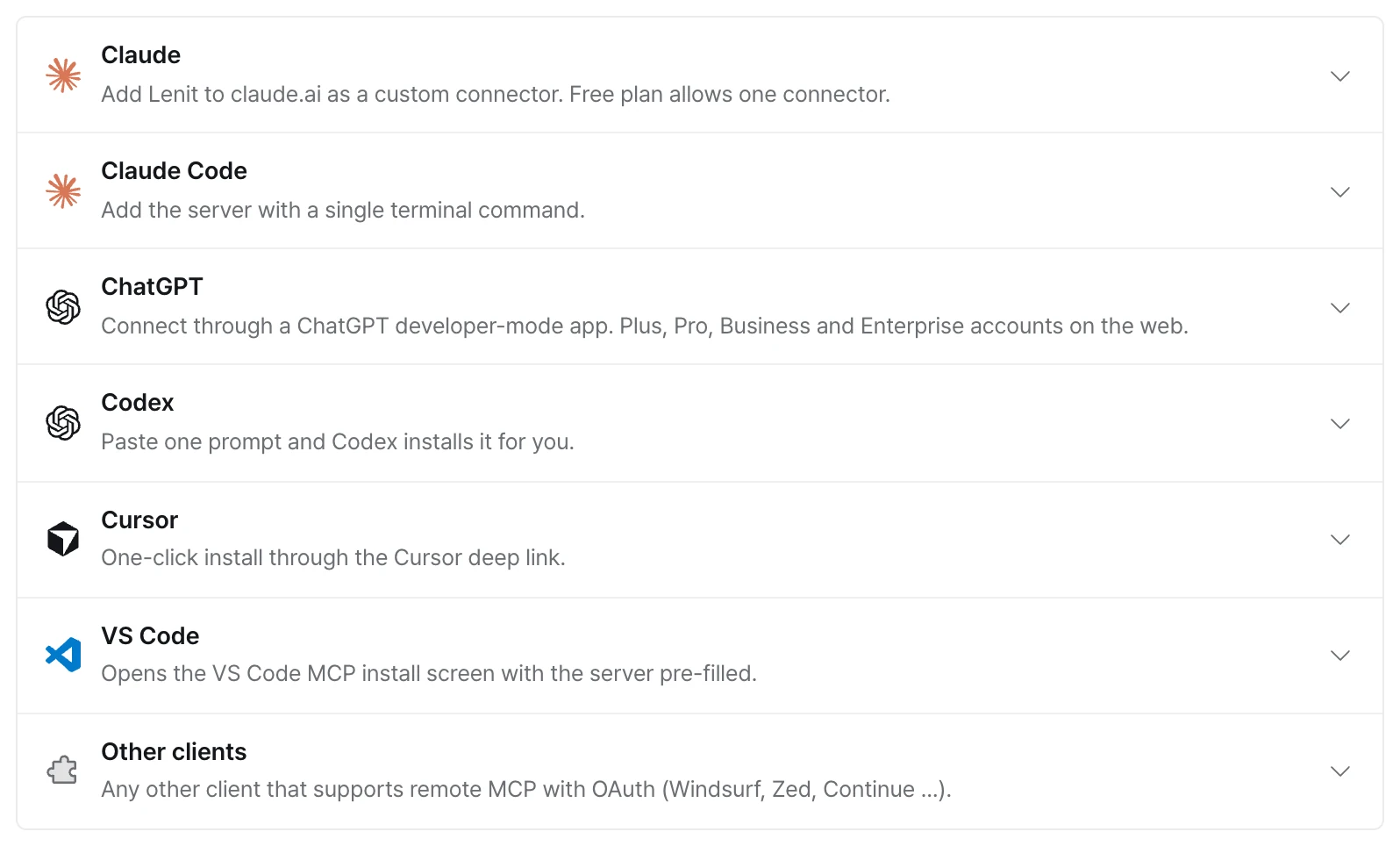 레닛 MCP 연결 — Claude·ChatGPT·Codex·Cursor·VS Code