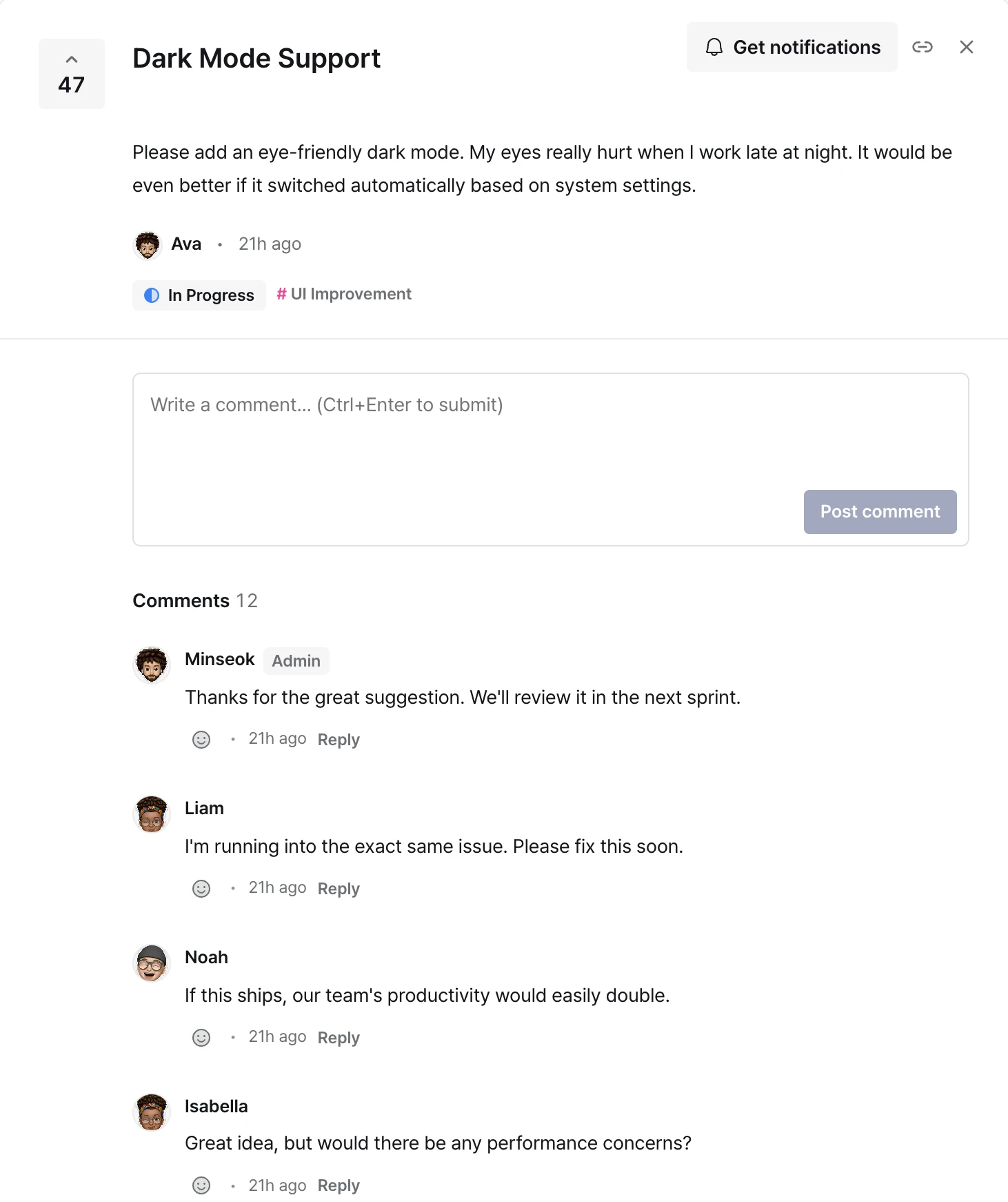 피드백 상세 화면에서 고객과 관리자가 댓글로 대화하는 모습